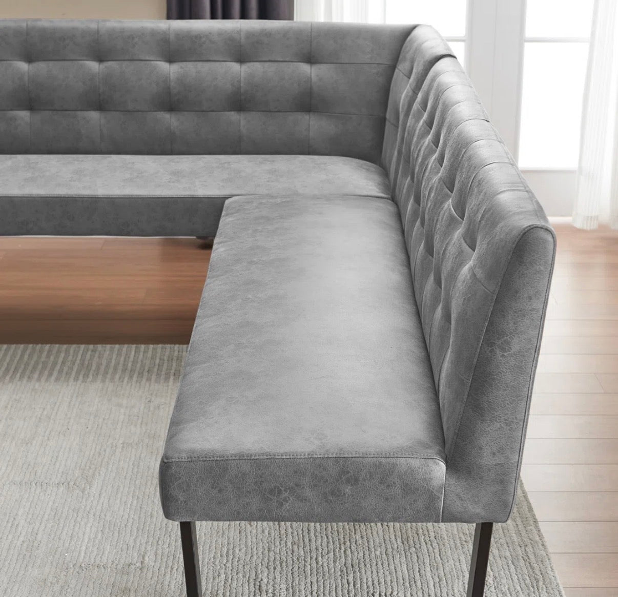 Dining Bench Set - 2 Piece Modern Dark Gray Faux Leather Corner Bench and Backless Bench Set