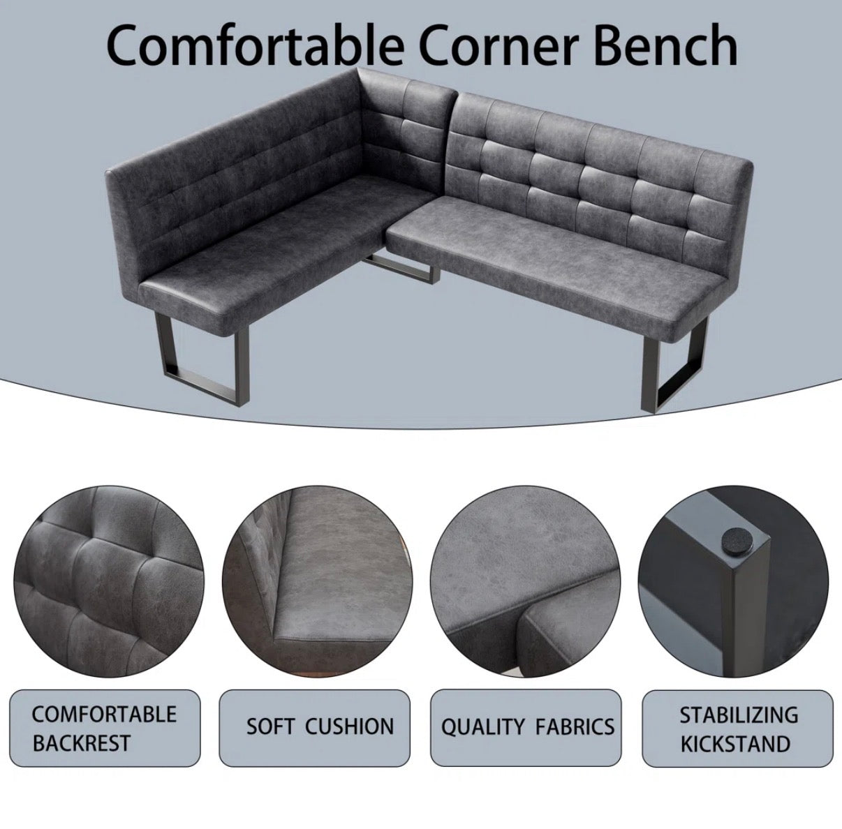 Dining Bench Set - 2 Piece Modern Dark Gray Faux Leather Corner Bench and Backless Bench Set