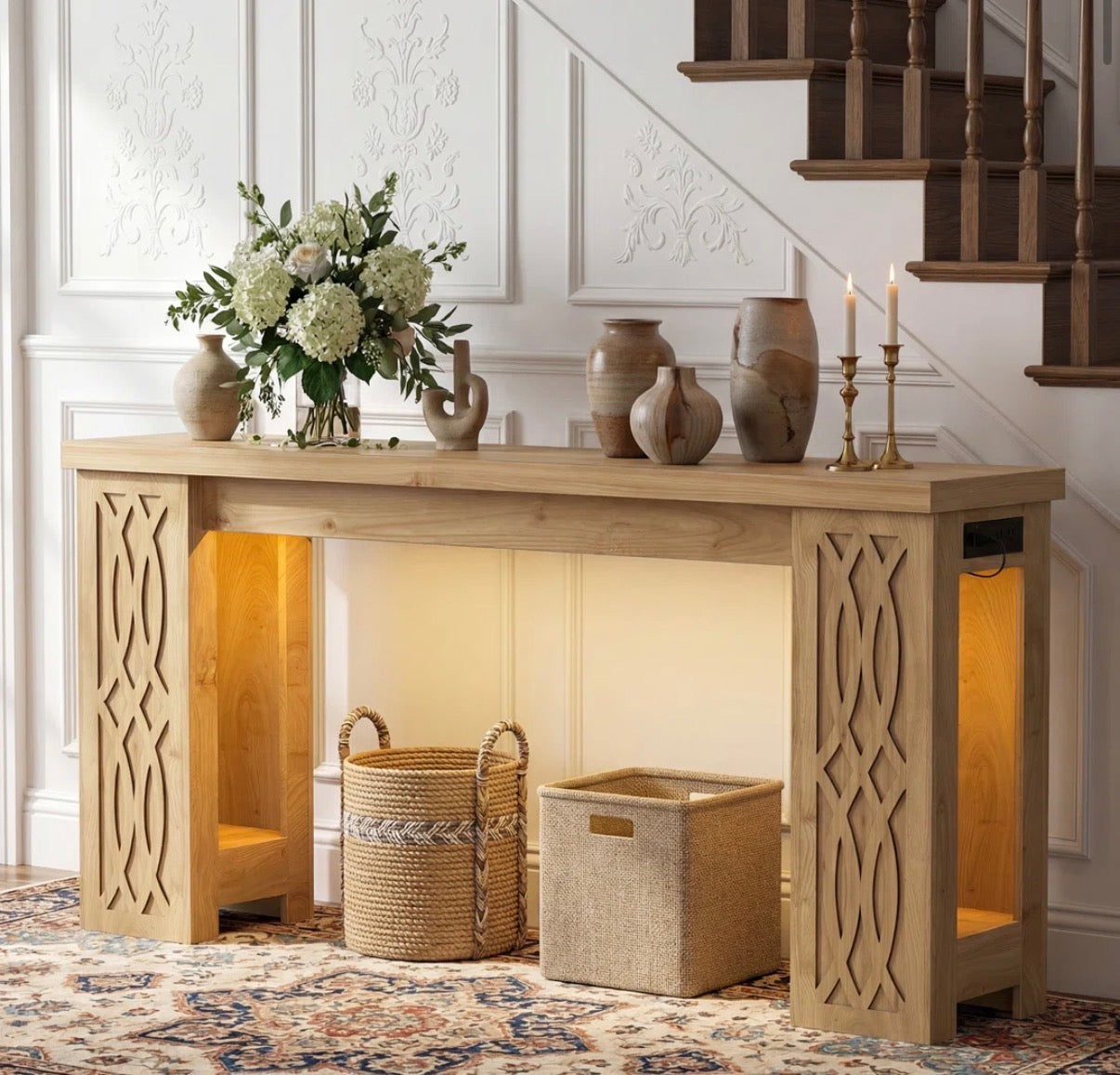Console Table - 63" Console Table with Charging Station and LED lights