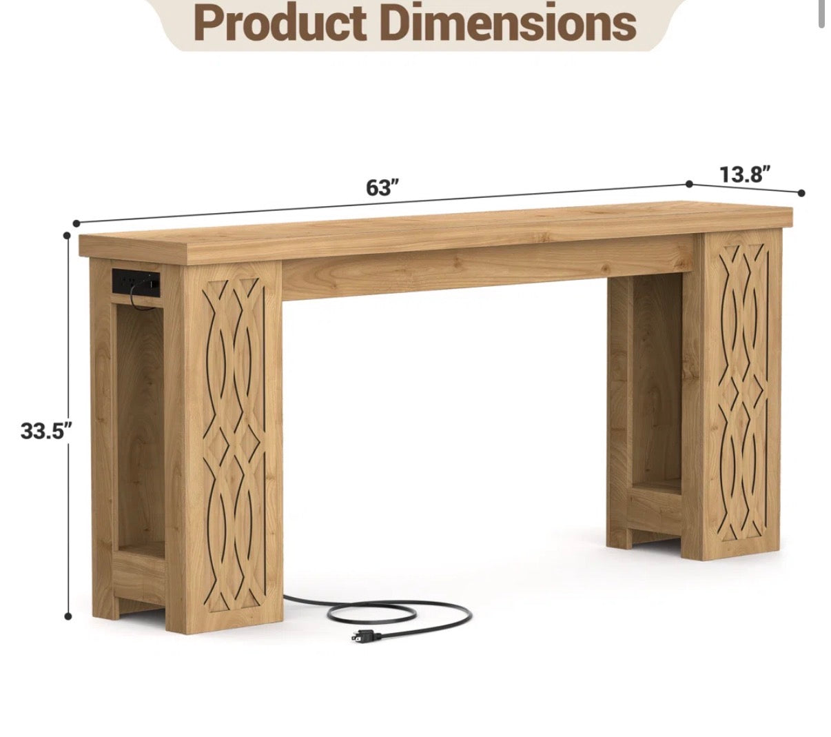 Console Table - 63" Console Table with Charging Station and LED lights