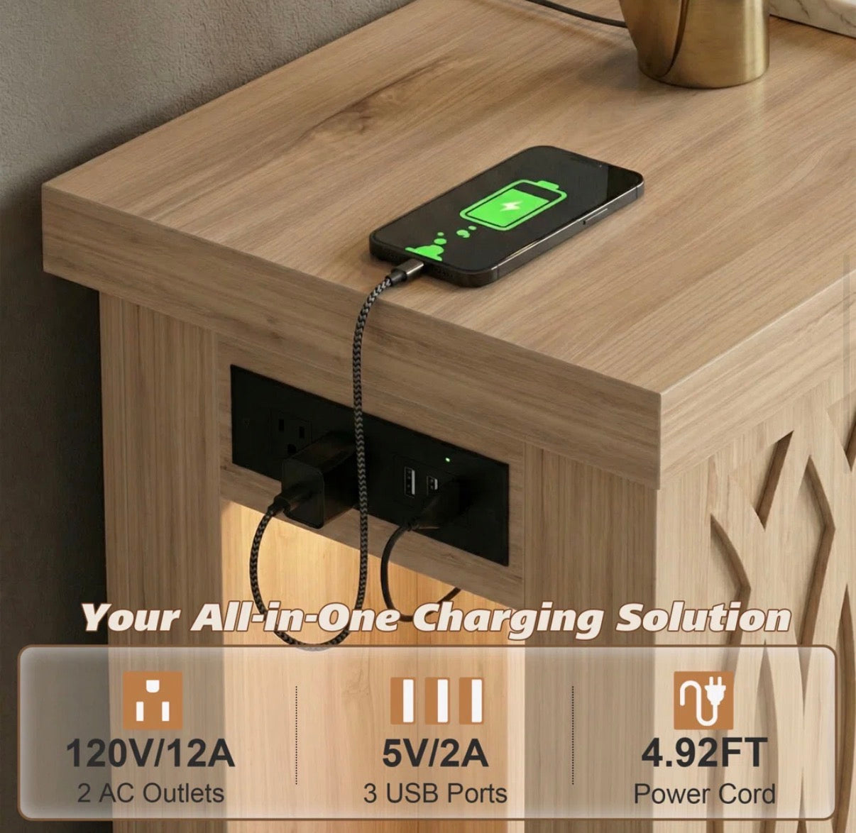Console Table - 63" Console Table with Charging Station and LED lights
