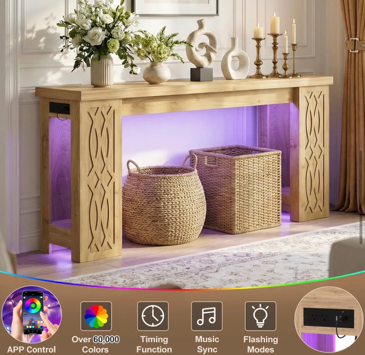 Console Table - 63" Console Table with Charging Station and LED lights