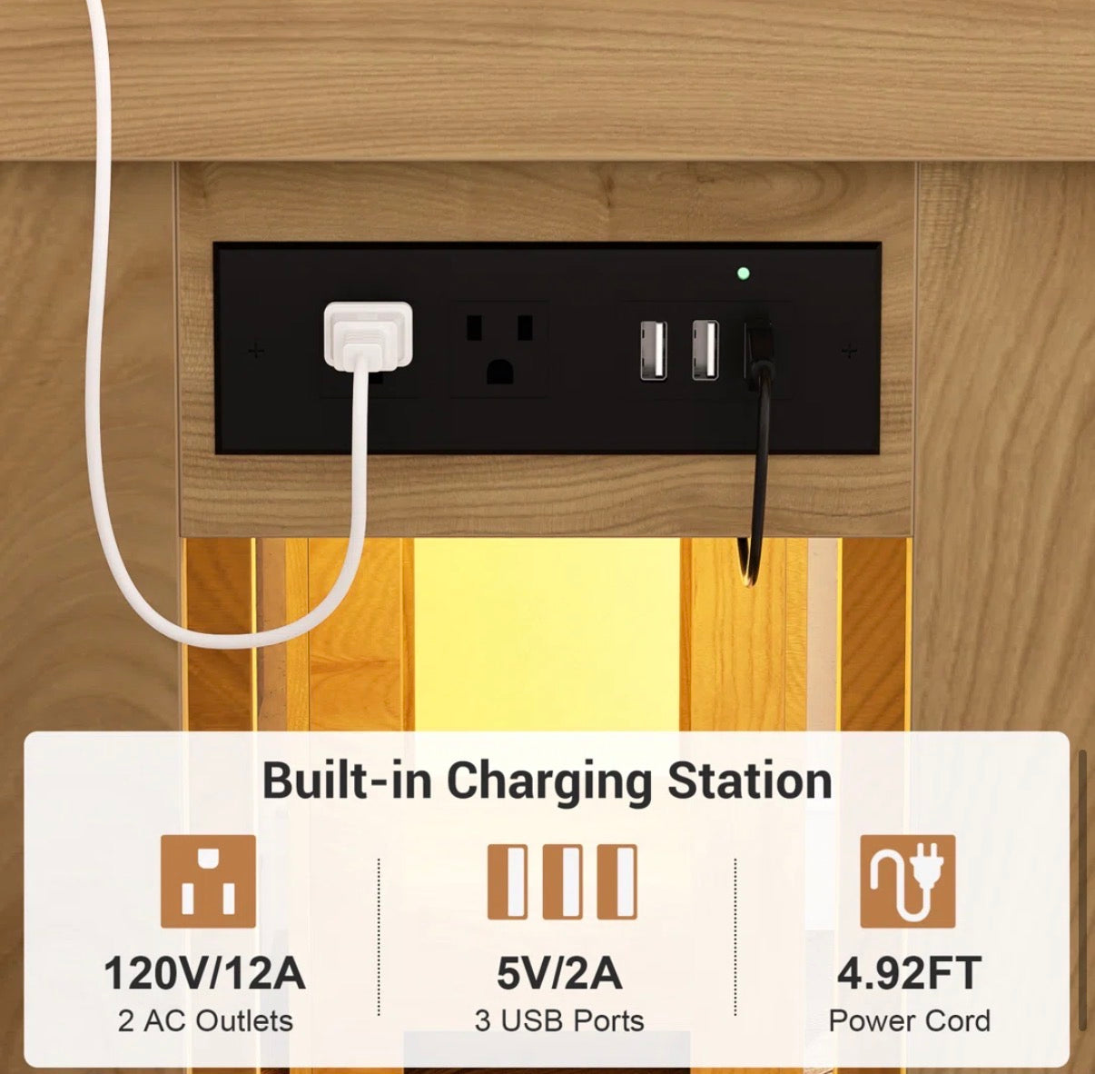 Console Table - 63" Console Table with Charging Station and LED lights