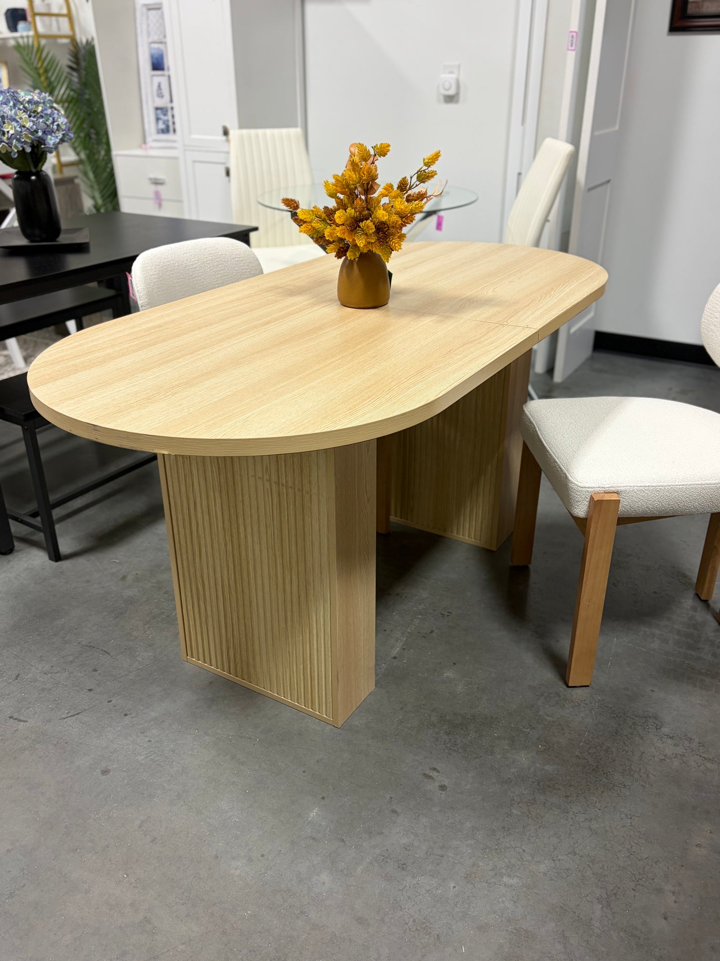 Dining Table - 63” x 30.75” Natural Wood Look with Fluted Legs (some flaws, see all photos)