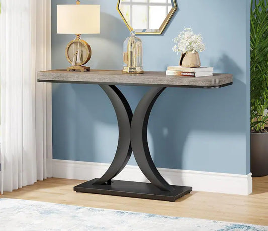 Console Table - Wood Narrow Console Table with Geometric Base - 39.4" L x 11.8" D x 32.7" H - Grey and Black - WF11.7.25