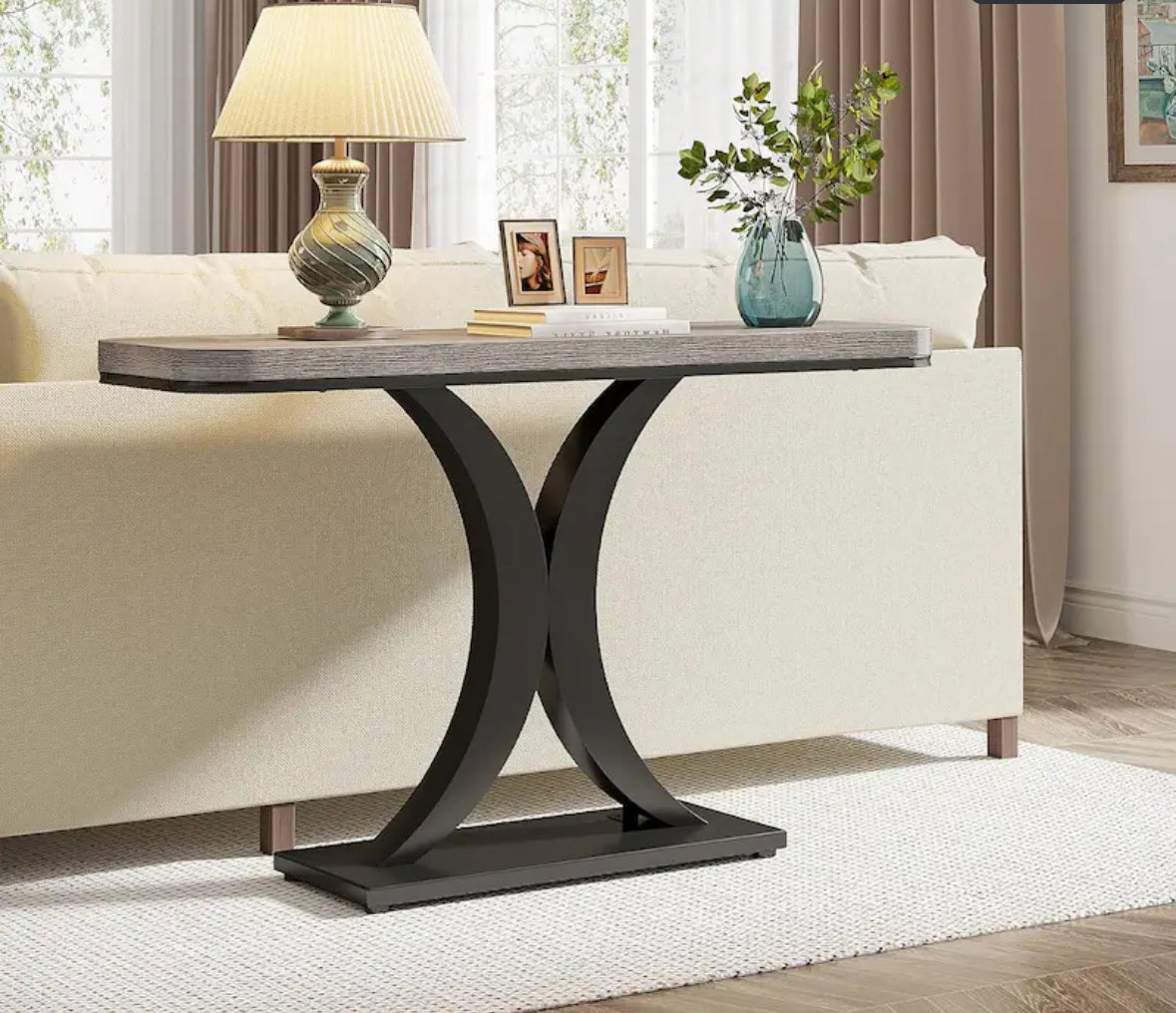 Console Table - Wood Narrow Console Table with Geometric Base - 39.4" L x 11.8" D x 32.7" H - Grey and Black - WF11.7.25