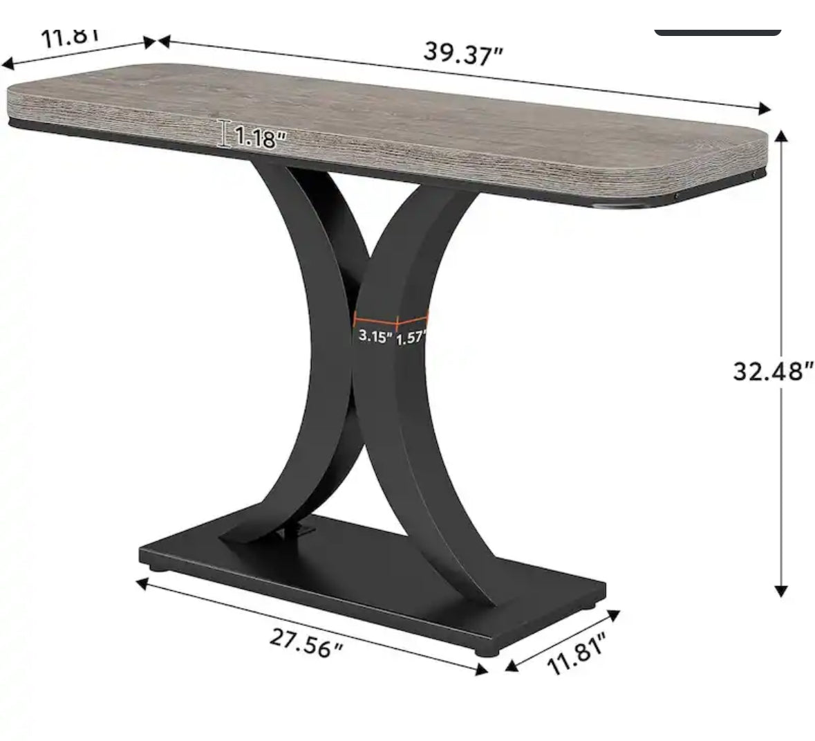 Console Table - Wood Narrow Console Table with Geometric Base - 39.4" L x 11.8" D x 32.7" H - Grey and Black - WF11.7.25