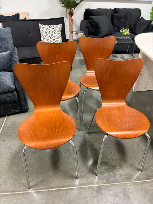 Dining Chair Set of 4 - Mid-Century Modern Wooden Dining Chairs, Dinning Room Chair, Contemporary Stackable Bentwood Kitchen Interior Armless Chairs with Steel Legs (Color : Walnut Color)