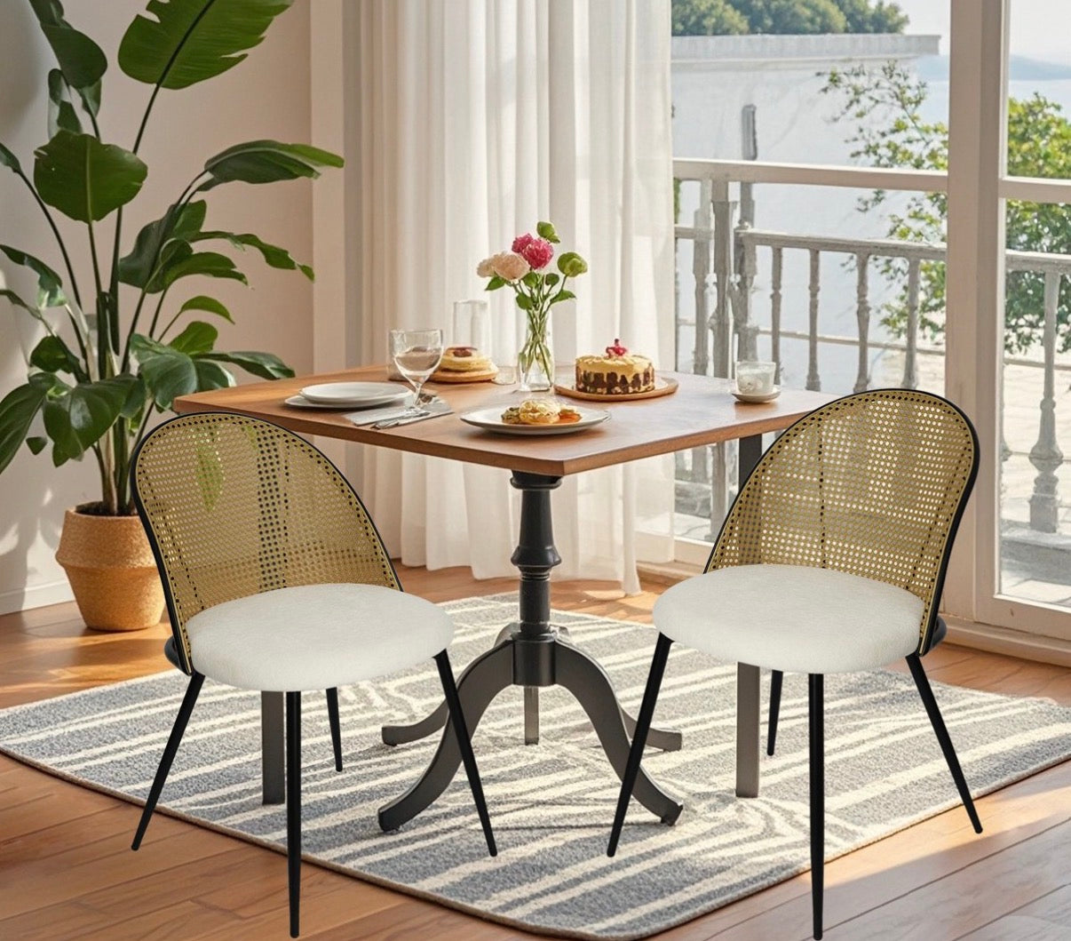 Dining Chair Set of 2 - Rattan Boucle Dining Chair