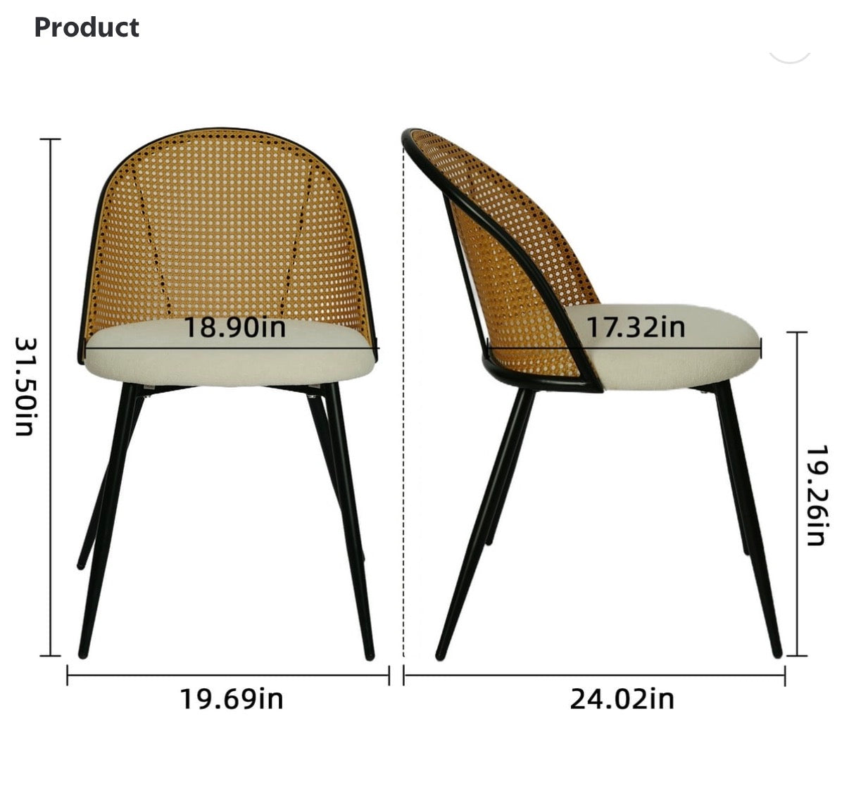 Dining Chair Set of 2 - Rattan Boucle Dining Chair