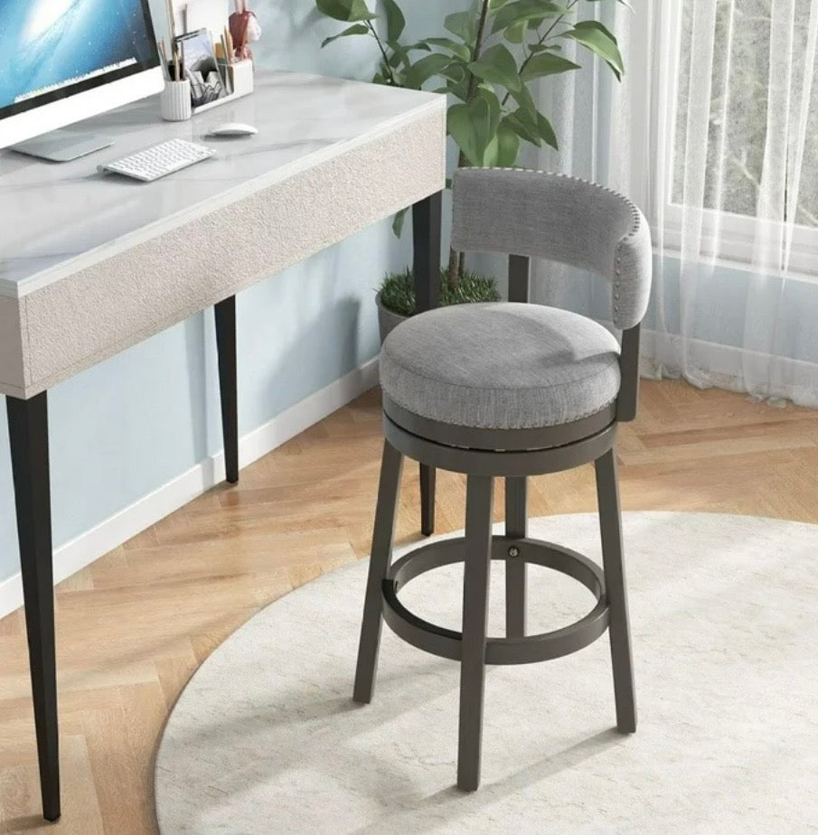 Barstool Single - 31” Drevy Bar Stool, 31-inch Modern 360° Swivel Barstool with Upholstered Back & Seat, Solid Rubber Wood Legs - WM11.19.25