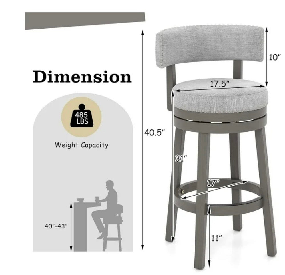 Barstool Single - 31” Drevy Bar Stool, 31-inch Modern 360° Swivel Barstool with Upholstered Back & Seat, Solid Rubber Wood Legs - WM11.19.25