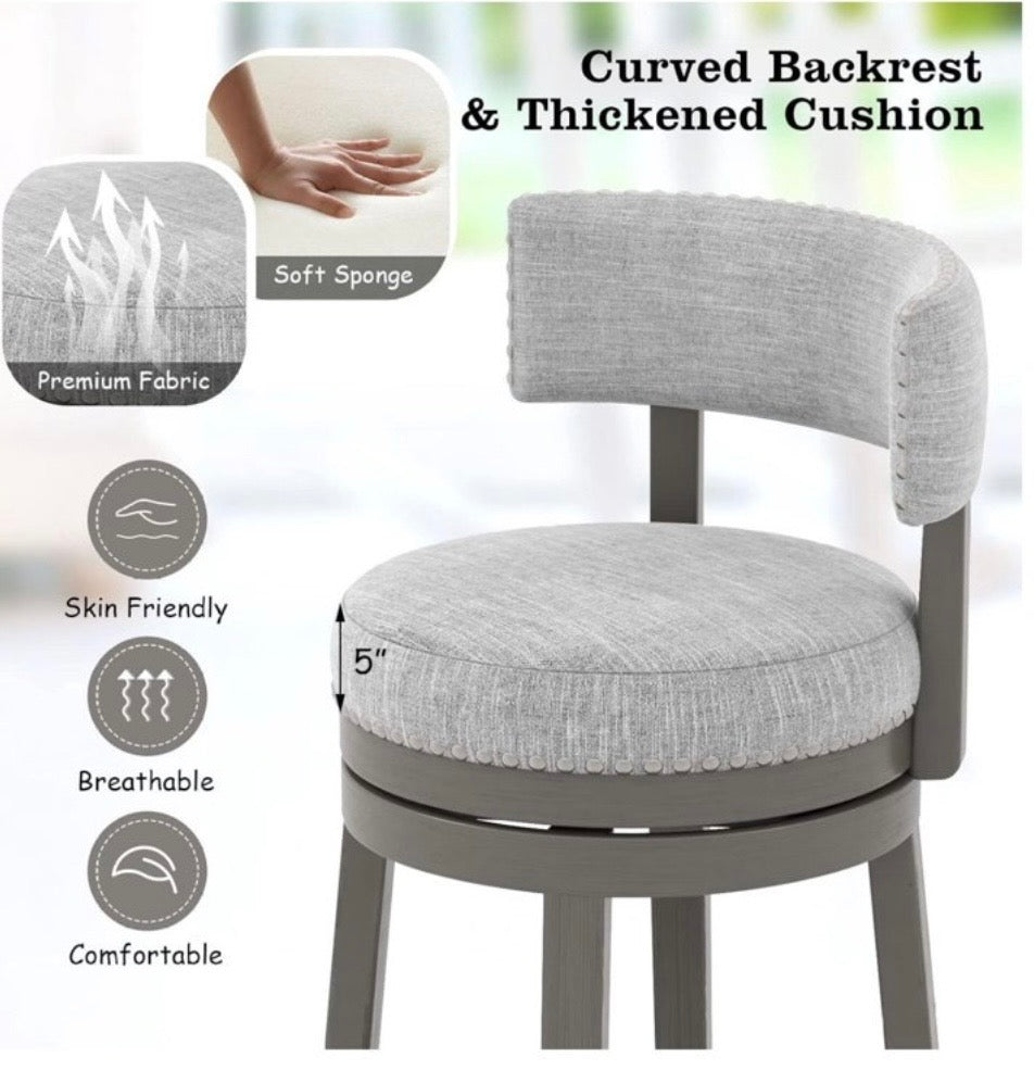 Barstool Single - 31” Drevy Bar Stool, 31-inch Modern 360° Swivel Barstool with Upholstered Back & Seat, Solid Rubber Wood Legs - WM11.19.25