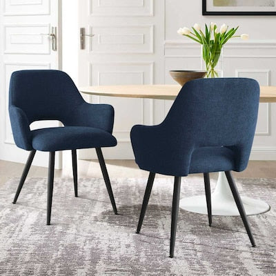 Dining Chair Set of 2 - Maison Boucle Set of 2 Modern Blue Upholstered Dining Chairs with Arms Open Back and Metal Legs for Kitchen