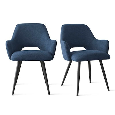 Dining Chair Set of 2 - Maison Boucle Set of 2 Modern Blue Upholstered Dining Chairs with Arms Open Back and Metal Legs for Kitchen