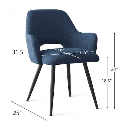 Dining Chair Set of 2 - Maison Boucle Set of 2 Modern Blue Upholstered Dining Chairs with Arms Open Back and Metal Legs for Kitchen