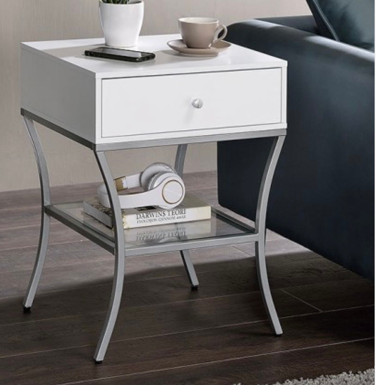 End Table/Nightstand - White High Glass with Storage