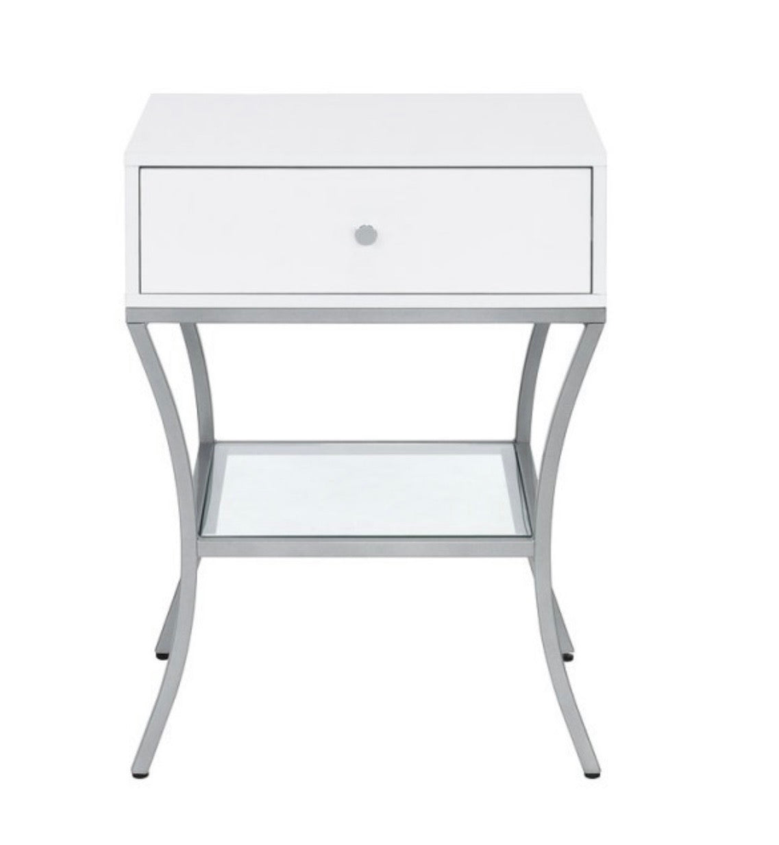 End Table/Nightstand - White High Glass with Storage
