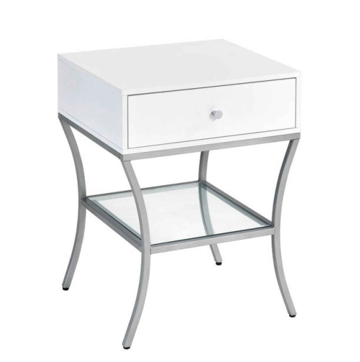 End Table/Nightstand - White High Glass with Storage