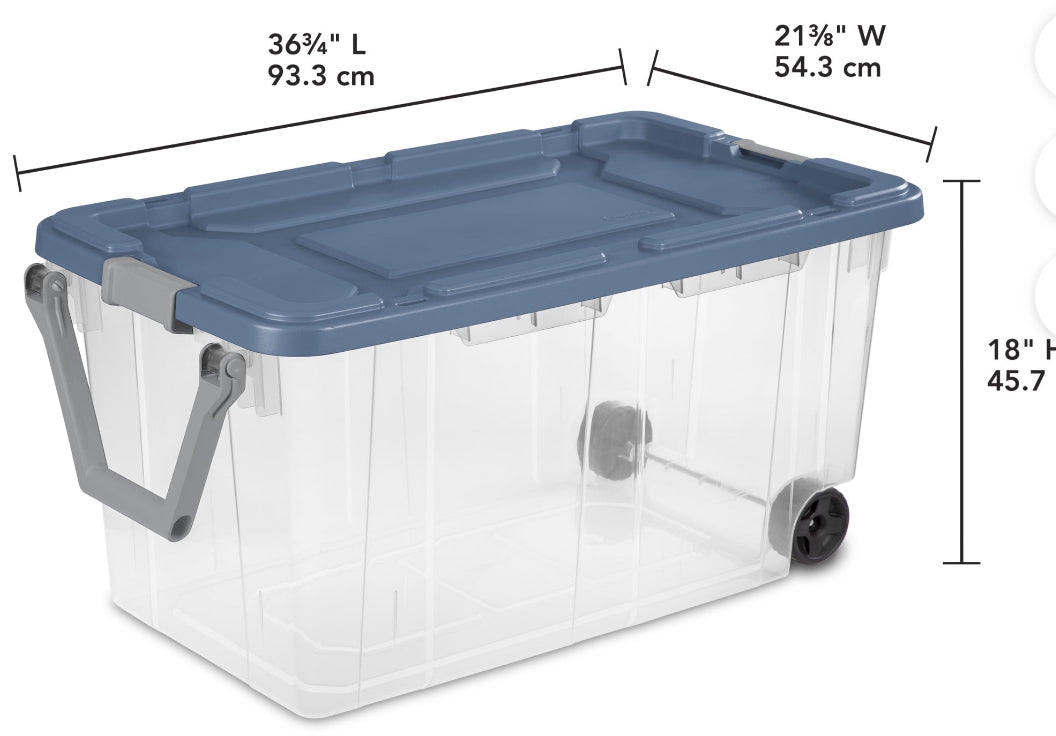 Storage - Sterilite 160 Quart Wheeled Storage Box, Extra Large Durable Clear Plastic Bin, Latch Lid, Blue - WM11.19.25