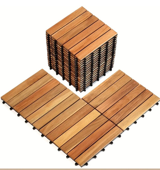 Outdoor Deck Tile - Natural Color 12" x 12" Square Wood Flooring Tiles, Acacia Interlocking, Deck Tiles Indoor&Outdoor