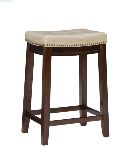 Barstool Single - 26” Linon Claridge Backless Indoor Wood Counter Stool, Dark Brown/Beige Faux Leather - BSW