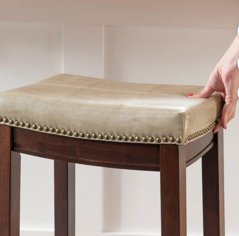 Barstool Single - 26” Linon Claridge Backless Indoor Wood Counter Stool, Dark Brown/Beige Faux Leather - BSW