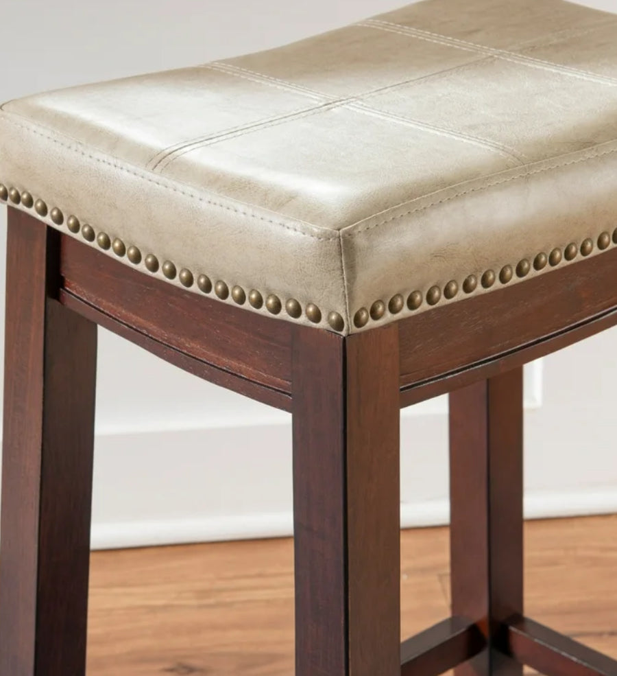 Barstool Single - 26” Linon Claridge Backless Indoor Wood Counter Stool, Dark Brown/Beige Faux Leather - BSW