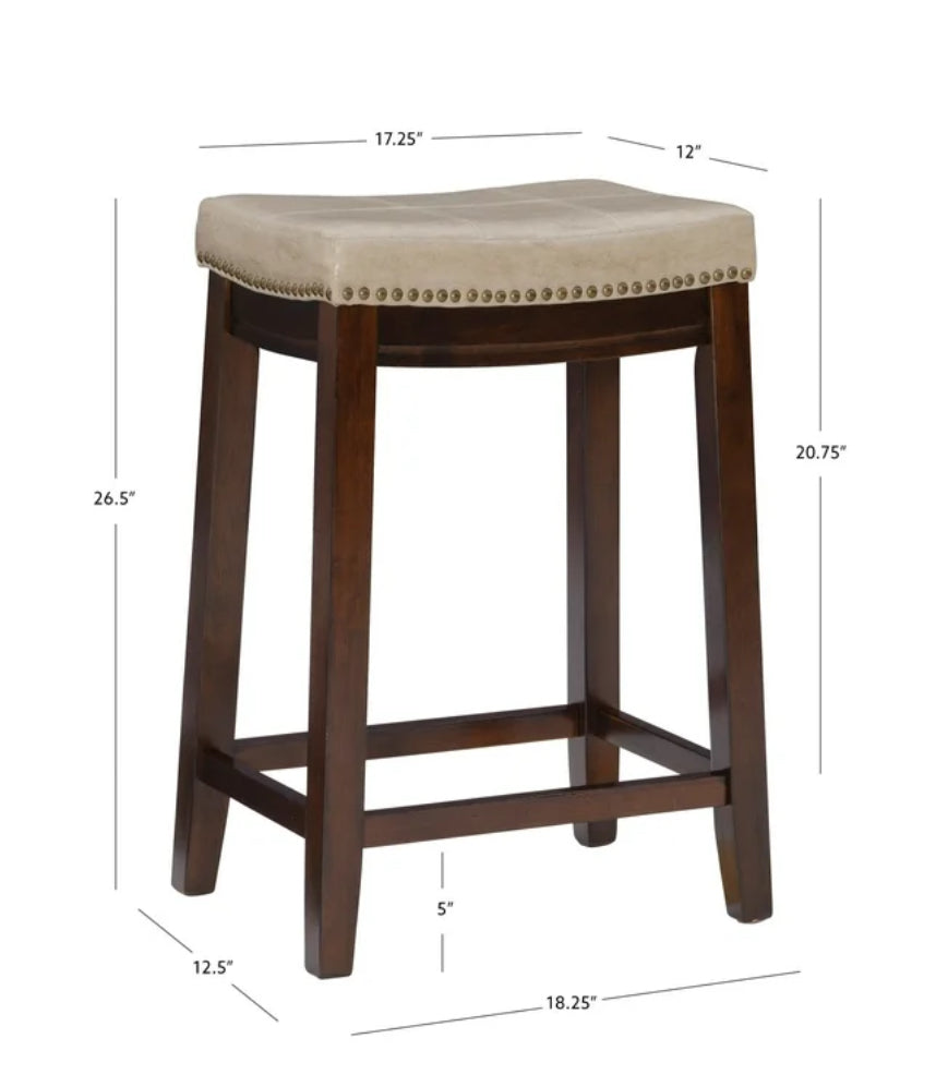 Barstool Single - 26” Linon Claridge Backless Indoor Wood Counter Stool, Dark Brown/Beige Faux Leather - BSW