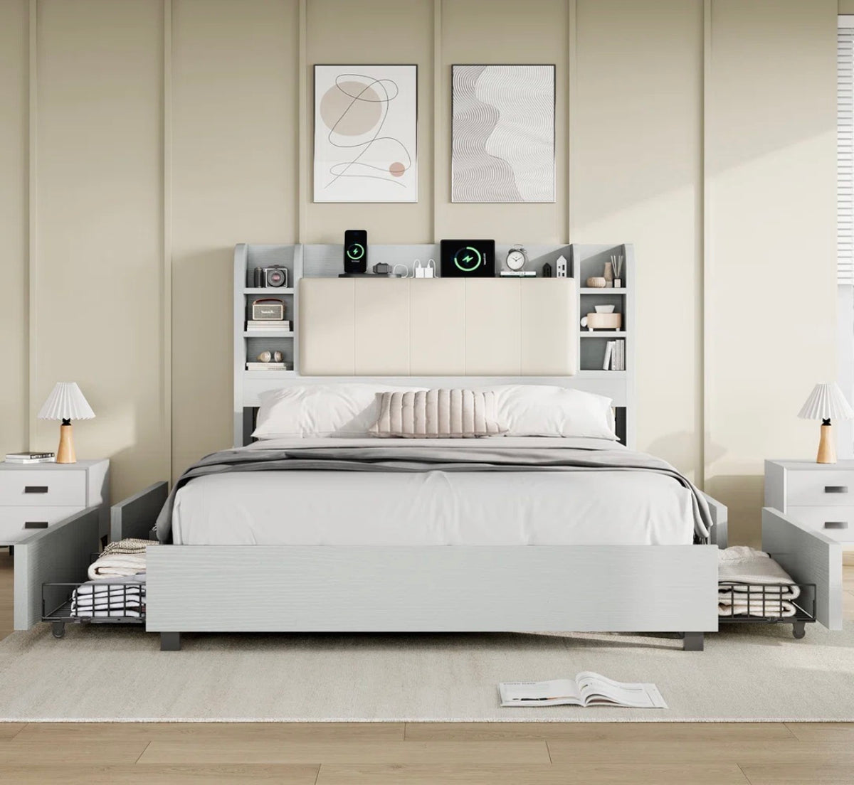 Bed - Queen Size 47.2" Bookcase Upholstered Bed Frame with 4 Storage Drawers