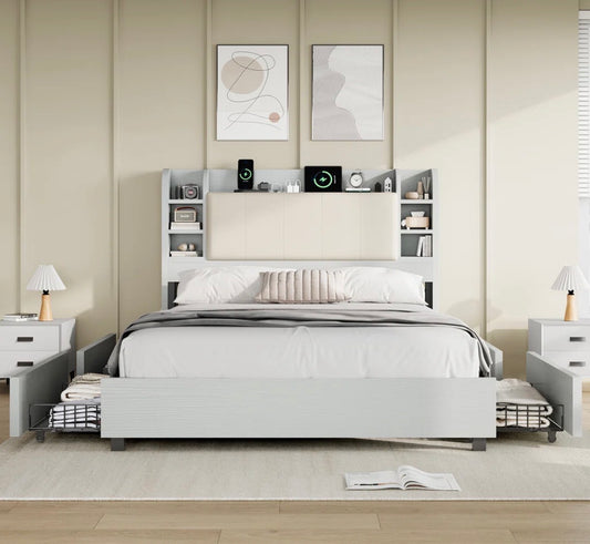 Bed - Queen Size 47.2" Bookcase Upholstered Bed Frame with 4 Storage Drawers