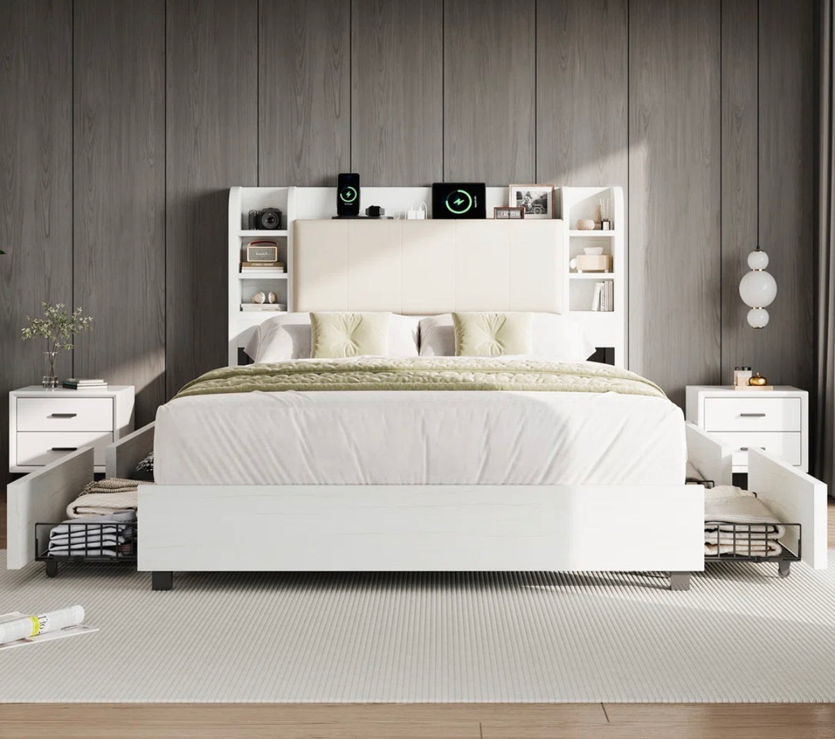 Bed - Queen Size 47.2" Bookcase Upholstered Bed Frame with 4 Storage Drawers