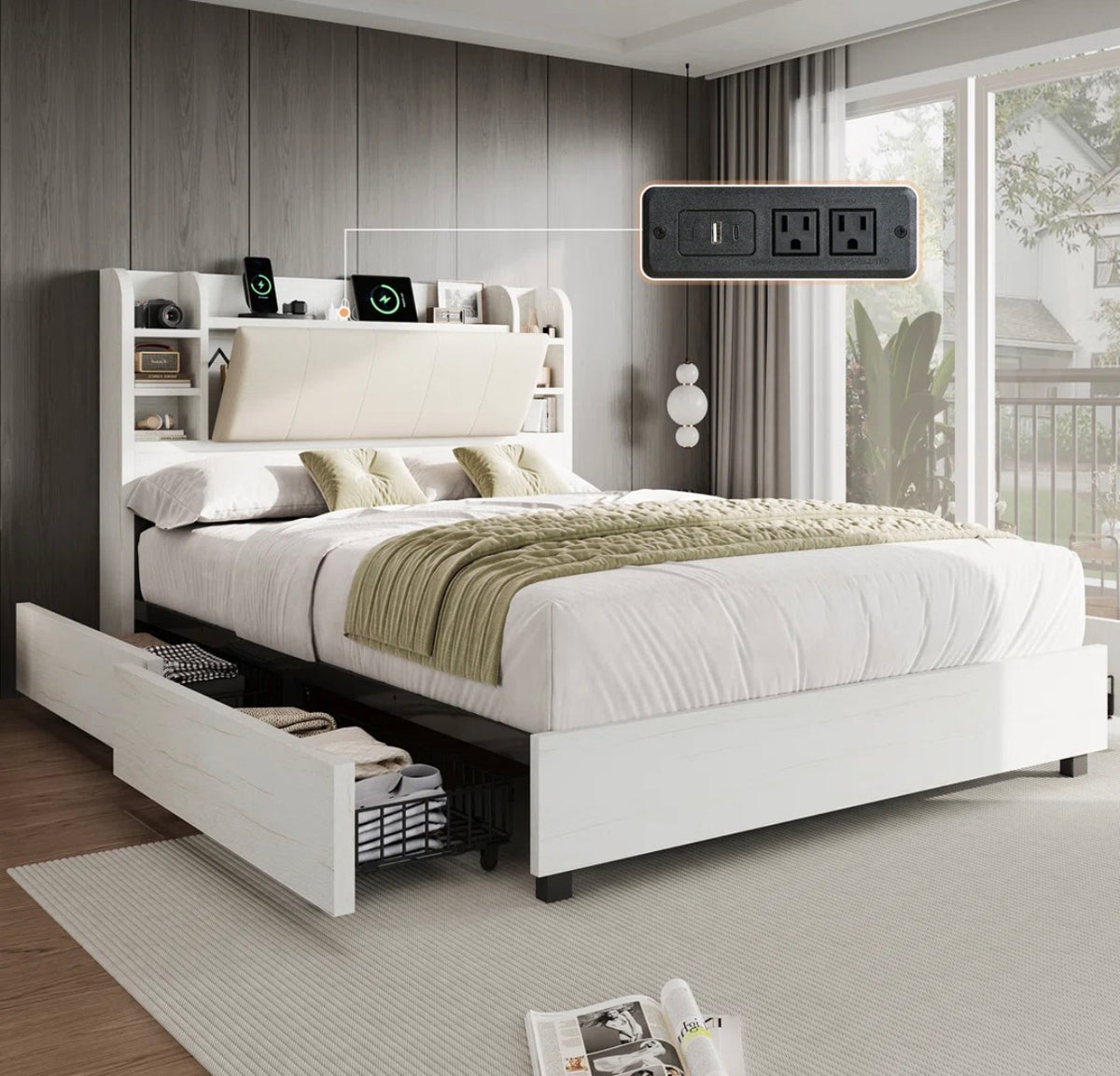 Bed - Queen Size 47.2" Bookcase Upholstered Bed Frame with 4 Storage Drawers