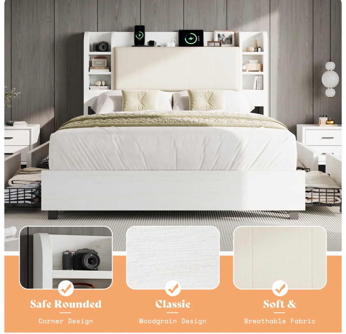 Bed - Queen Size 47.2" Bookcase Upholstered Bed Frame with 4 Storage Drawers