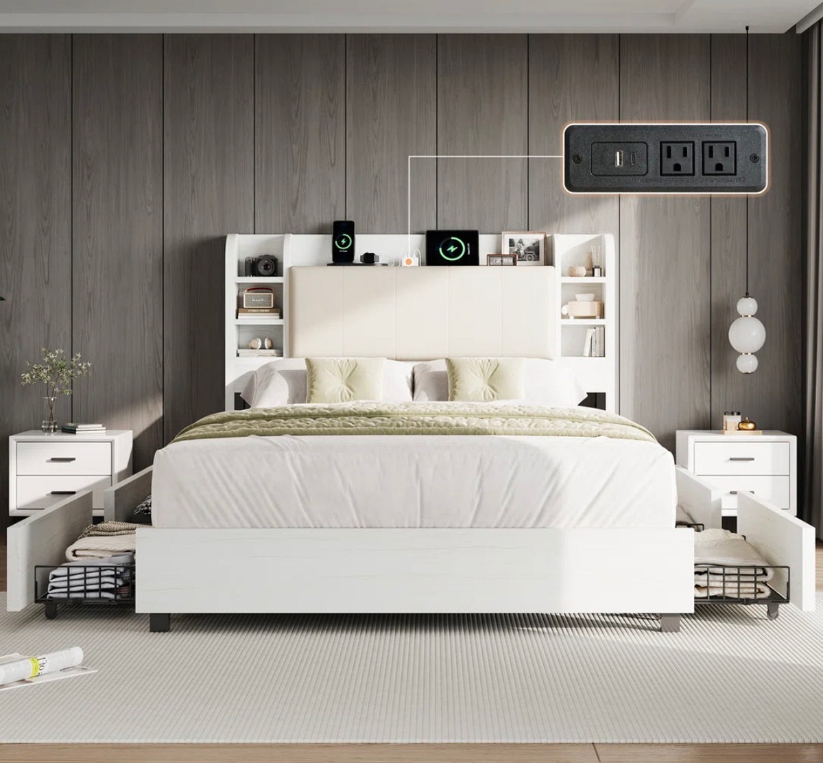 Bed - Queen Size 47.2" Bookcase Upholstered Bed Frame with 4 Storage Drawers