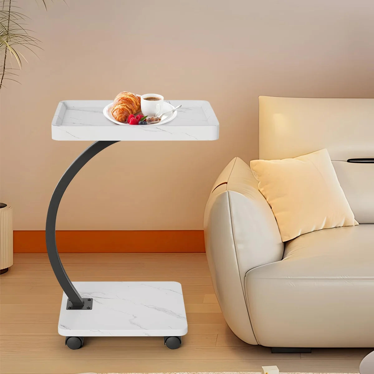 Side Table - Garvee C Table End Table Wiht 360°Swivel Wheels Side Table for Sofa Living Bedroom Bedside Coffee Small Spaces, White
