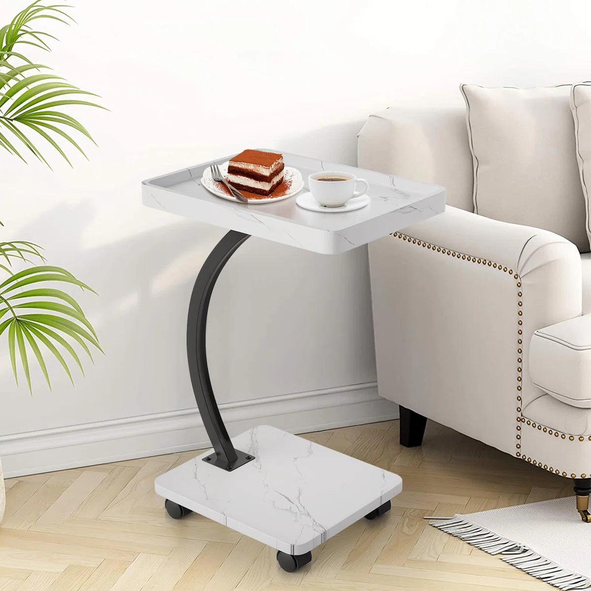 Side Table - Garvee C Table End Table Wiht 360°Swivel Wheels Side Table for Sofa Living Bedroom Bedside Coffee Small Spaces, White