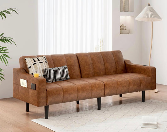 Sofa - Brelice 80'' Leather Couch, Futon Sofa Bed, Faux Leather Couch with Adjustable Backrest, 2 Cup Holders & Side Pockets,