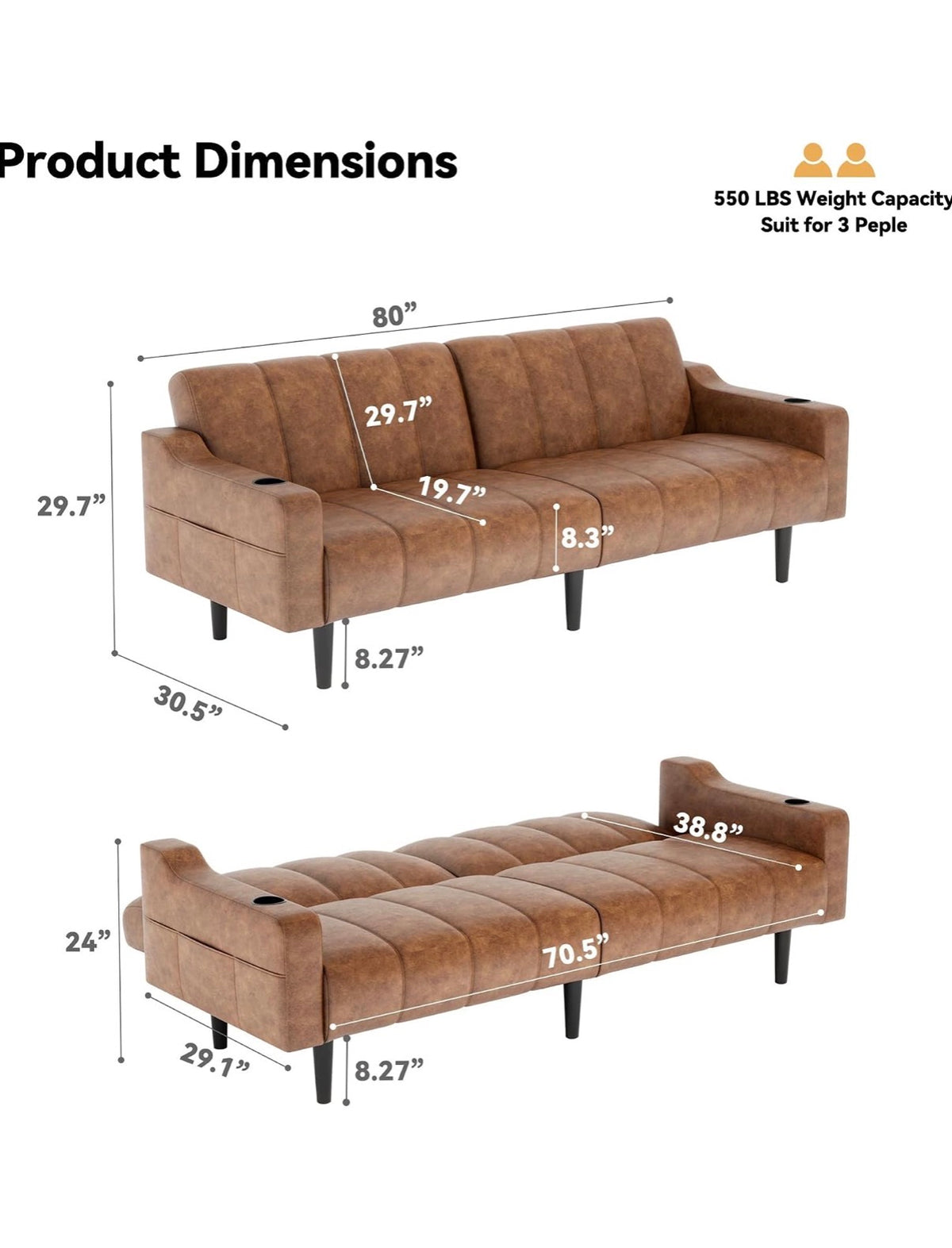 Sofa - Brelice 80'' Leather Couch, Futon Sofa Bed, Faux Leather Couch with Adjustable Backrest, 2 Cup Holders & Side Pockets,