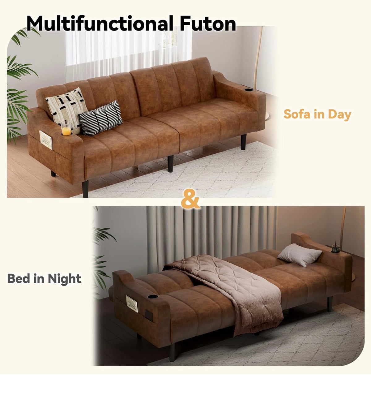 Sofa - Brelice 80'' Leather Couch, Futon Sofa Bed, Faux Leather Couch with Adjustable Backrest, 2 Cup Holders & Side Pockets,