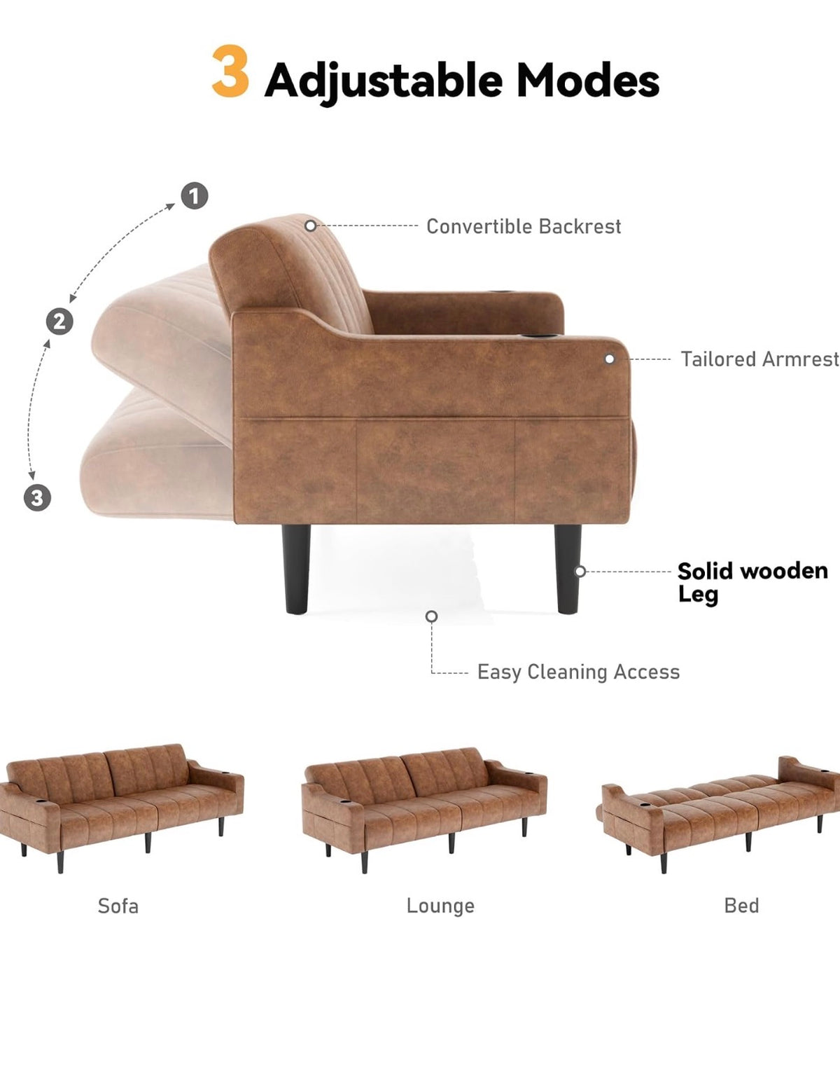 Sofa - Brelice 80'' Leather Couch, Futon Sofa Bed, Faux Leather Couch with Adjustable Backrest, 2 Cup Holders & Side Pockets,