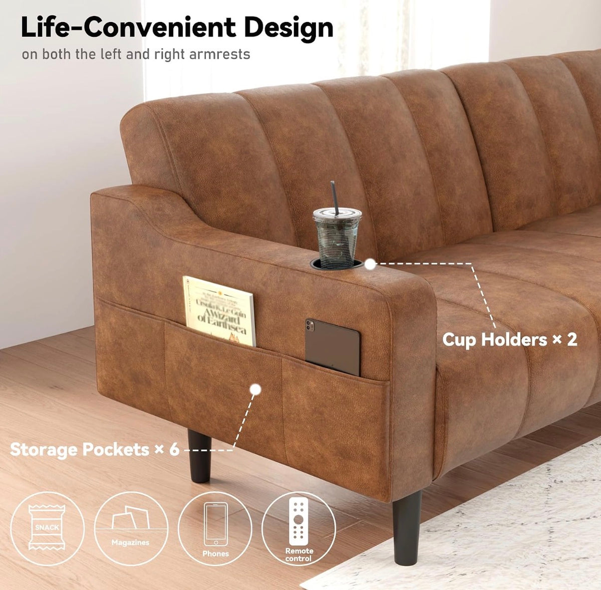 Sofa - Brelice 80'' Leather Couch, Futon Sofa Bed, Faux Leather Couch with Adjustable Backrest, 2 Cup Holders & Side Pockets,
