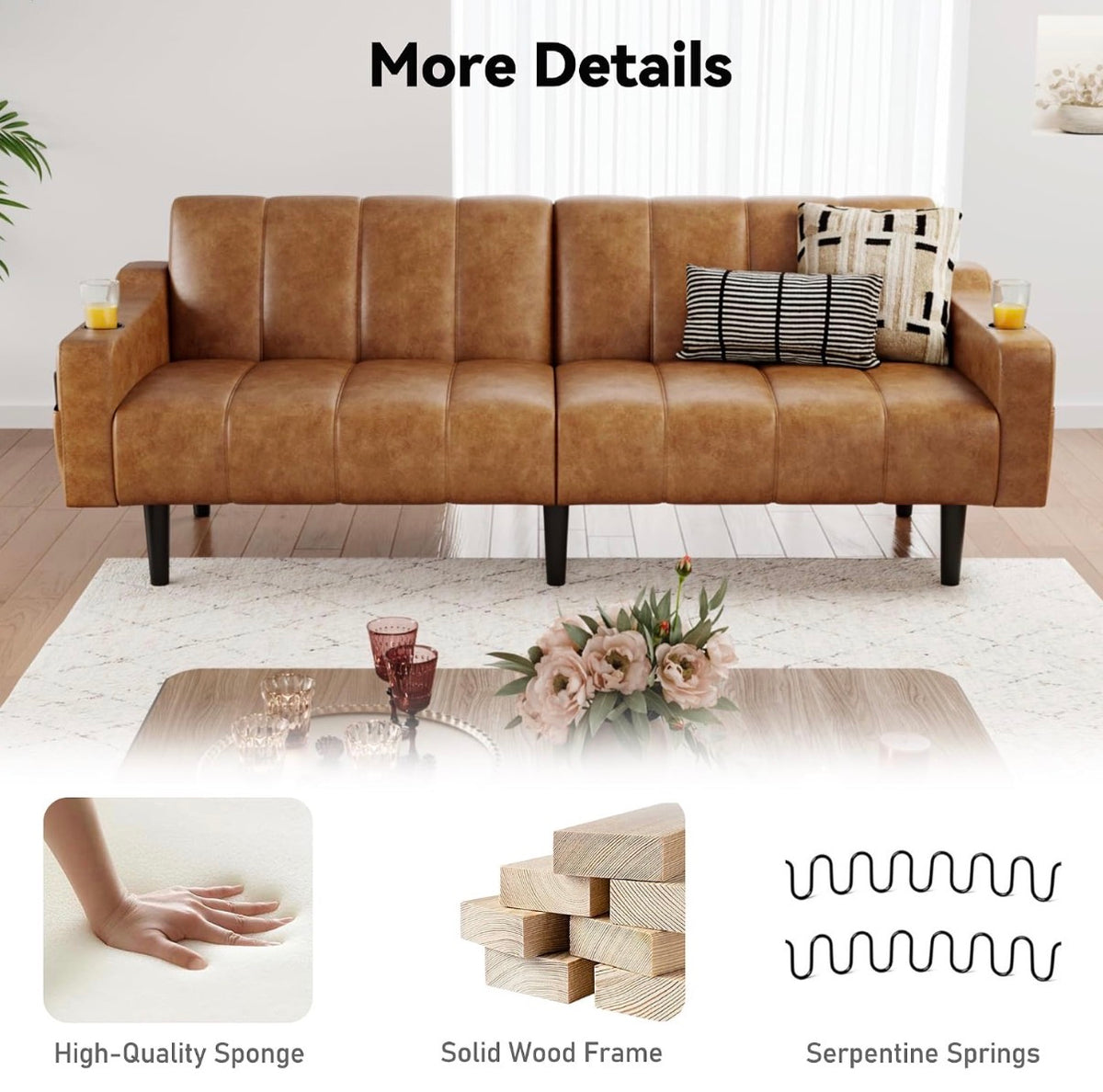 Sofa - Brelice 80'' Leather Couch, Futon Sofa Bed, Faux Leather Couch with Adjustable Backrest, 2 Cup Holders & Side Pockets,