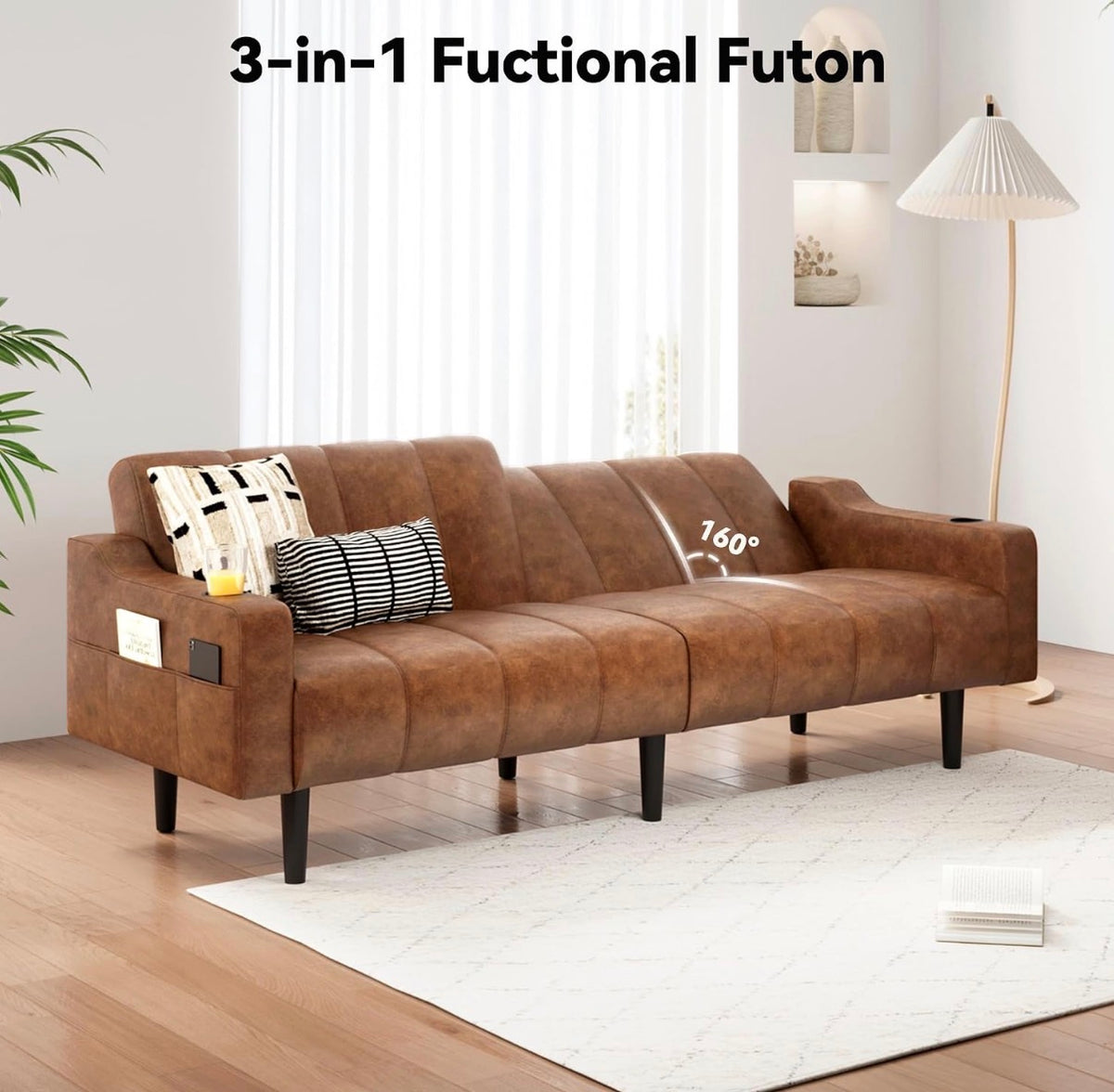 Sofa - Brelice 80'' Leather Couch, Futon Sofa Bed, Faux Leather Couch with Adjustable Backrest, 2 Cup Holders & Side Pockets,