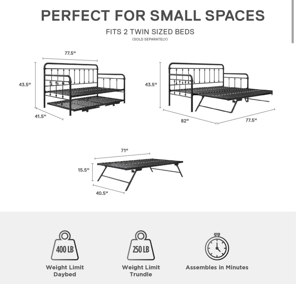 Bed - Twin Size Beant Daybed with Pop Up Trundle Black