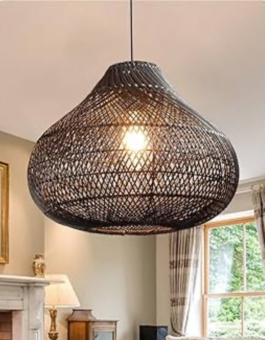 Pendant - Karjear Black Rattan Chandelier, 16.5 inch Large Wicker Pendant Lights Fixture Hand-Woven Basket Hanging Light - BSW