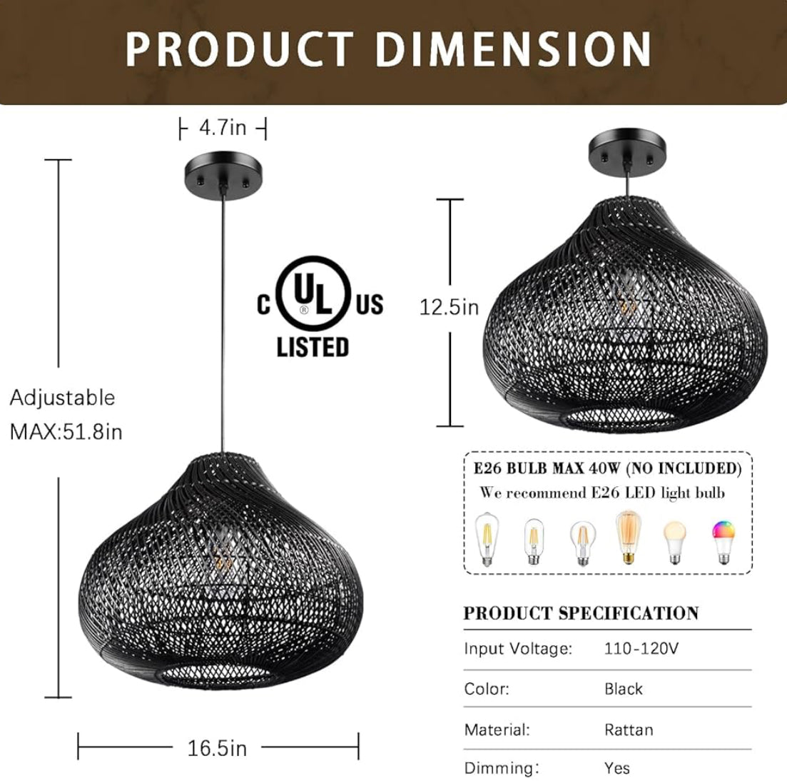 Pendant - Karjear Black Rattan Chandelier, 16.5 inch Large Wicker Pendant Lights Fixture Hand-Woven Basket Hanging Light - BSW