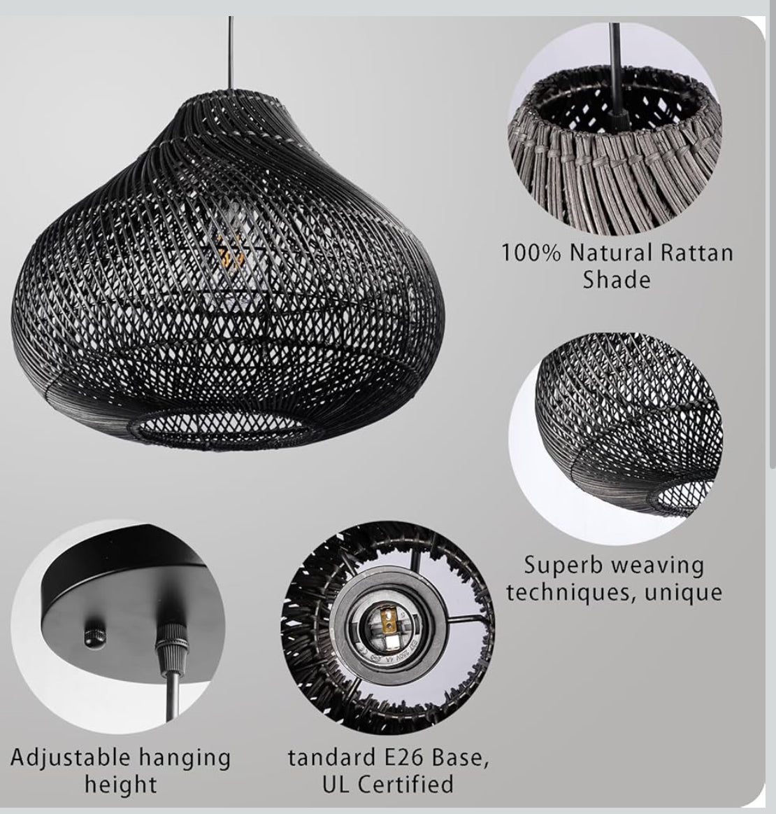 Pendant - Karjear Black Rattan Chandelier, 16.5 inch Large Wicker Pendant Lights Fixture Hand-Woven Basket Hanging Light - BSW