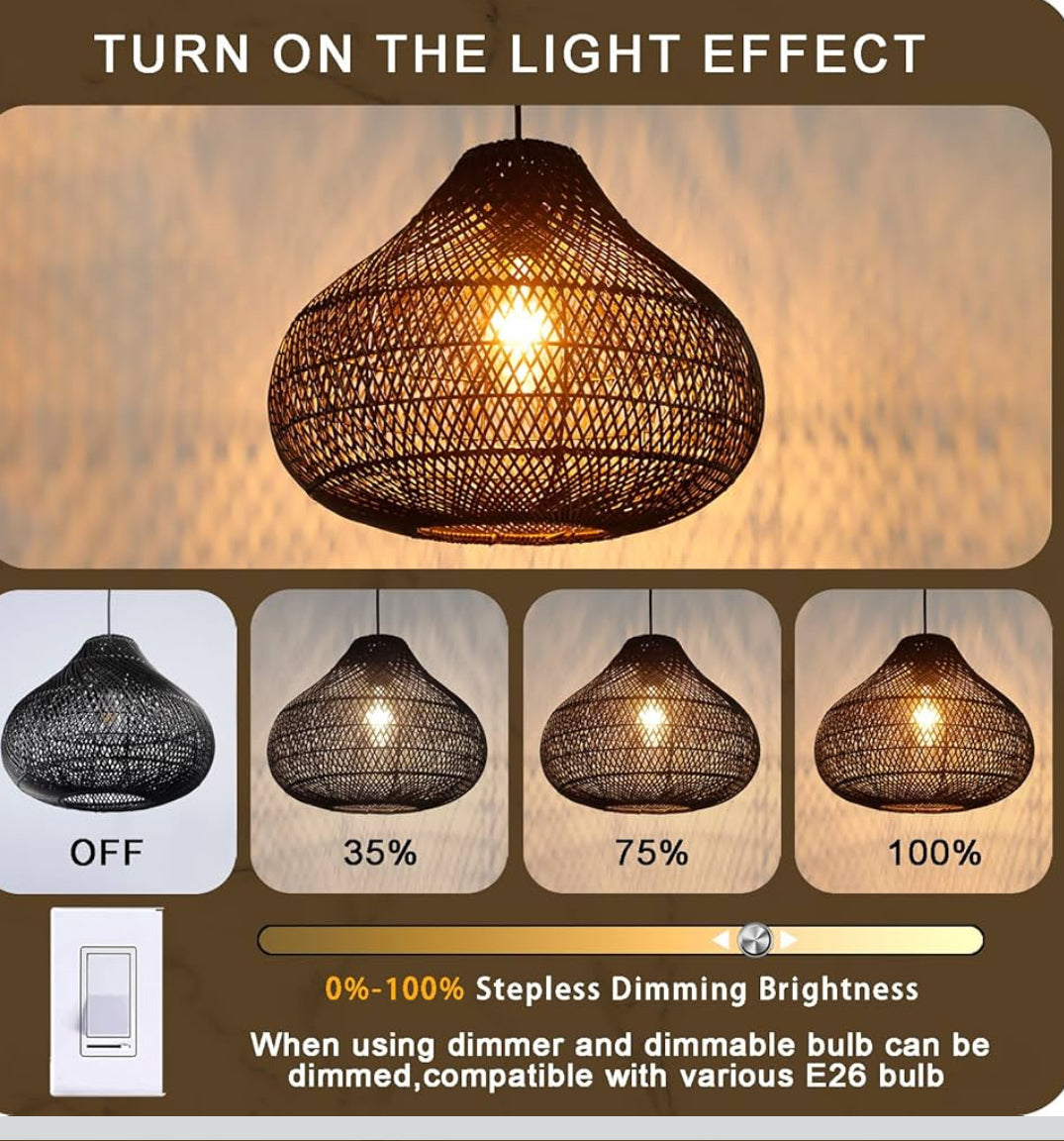 Pendant - Karjear Black Rattan Chandelier, 16.5 inch Large Wicker Pendant Lights Fixture Hand-Woven Basket Hanging Light - BSW