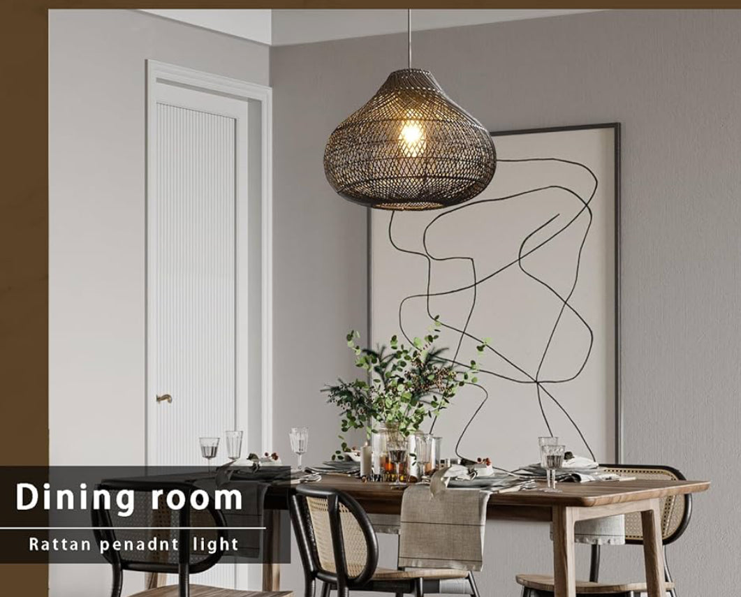 Pendant - Karjear Black Rattan Chandelier, 16.5 inch Large Wicker Pendant Lights Fixture Hand-Woven Basket Hanging Light - BSW